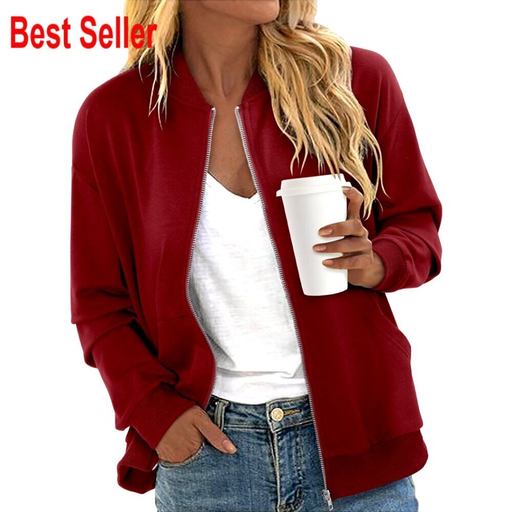 Women's Zip Up Bomber Jacket with Pockets Casual Outerwear S-XXL